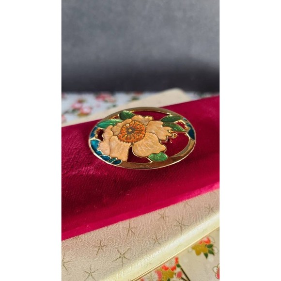 Vintage Cloisonne Cutout Floral Brooch - Picture 4 of 10